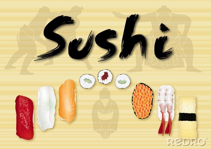 Sticker Grafik mit Sushi und Sumo-Sportlern