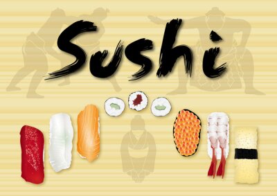 Sticker Grafik mit Sushi und Sumo-Sportlern