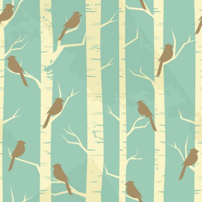 Grafische Stämme von Birken mit Vögeln