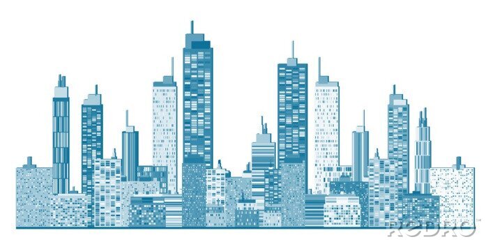 Sticker Grafisches blaues Panorama von Gebäuden