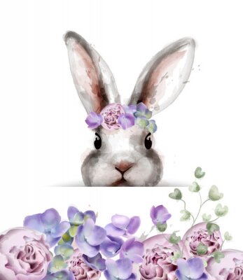 Sticker Grauer Hase mit Aquarell-Blumen in Violett