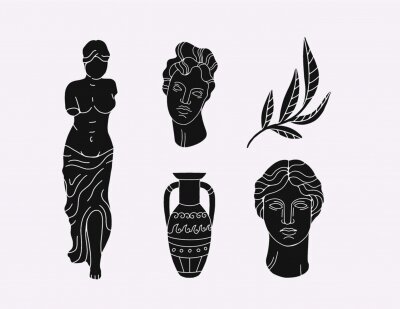 Sticker Greek marble statues aesthetic vector hand drawn illustration set. sculptures of human body and architectural elements. greek gods and mythology, ancient greece graphic design elements.