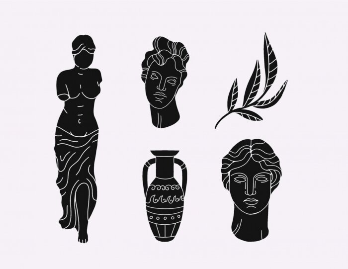 Sticker Greek marble statues aesthetic vector hand drawn illustration set. sculptures of human body and architectural elements. greek gods and mythology, ancient greece graphic design elements.