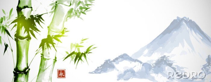 Sticker Green bamboo and far blue mountains on white background.Traditional Japanese ink wash painting sumi-e. Hieroglyph - eternity.