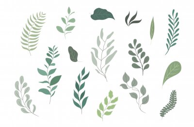 Sticker green leaf vector set, flat design