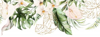 Sticker Green tropical leaves and blush flowers on white background. Watercolor hand painted seamless border. Floral tropic illustration. Jungle foliage pattern.