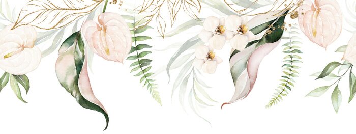 Sticker Green tropical leaves and blush flowers on white background. Watercolor hand painted seamless border. Floral tropic illustration. Jungle foliage pattern.