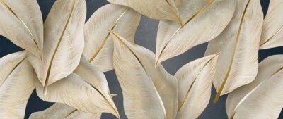 Fototapete Große 3D-Blätter mit Gold im glamourösen Stil