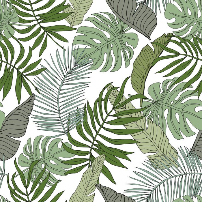 Sticker Grüne Banane, Monstera, Palmblätter mit weißem Hintergrund.  Vektor nahtloses Muster.  Tropische Dschungellaubillustration.  Exotisches Pflanzengrün.  Blumenmuster des Sommerstrandes.  Paradies Naturg