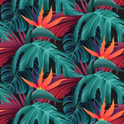 Tapete Grüne Blätter und rote tropische Blumen