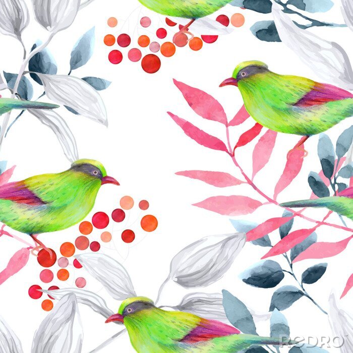 Sticker Grüne Vögel gegen vor einem Hintergrund roter Blätter