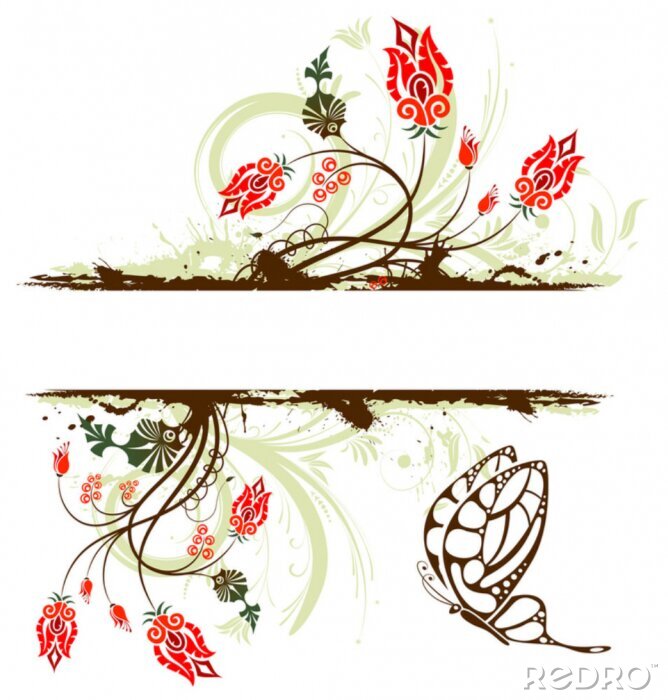 Sticker Grunge malen Blume Hintergrund mit Schmetterling, Design, Vektor-