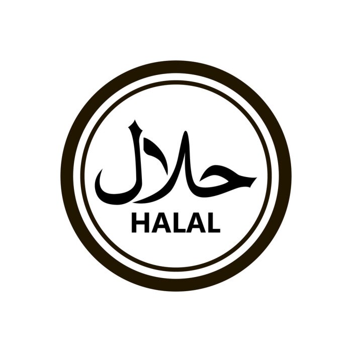 Sticker Halal logo vector. Halal food emblem .Sign design. Certificate tag. Food product dietary label for apps and websites