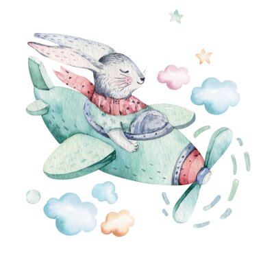 Sticker Hand drawing fly cute easter pilot bunny watercolor cartoon bunnies with airplane in the sky. Turquoise watercolour animal rabbit flying art flight illustration