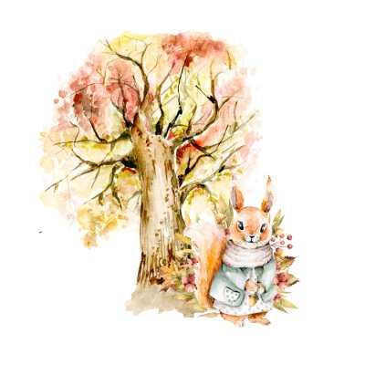 Sticker Hand drawing watercolor illustration - squirrel in a dress with floral composition of acorns, leaves, berries, flowers and autumn tree. illustration isolated on white