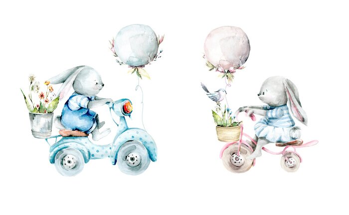 Sticker Hand drawing watercolor spring set of bunny on bikes with balloons and flowers in basket and bucket. illustration isolated on white