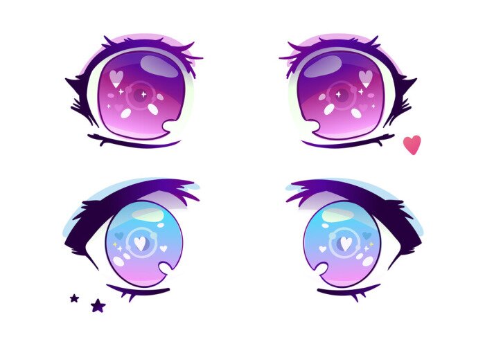 Sticker Hand drawn anime eyes. Colored vector set. All elements are isolated