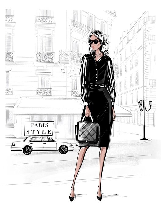 Sticker Hand drawn beautiful young woman in black dress. Fashion woman with bag. Girl in black shoes with Paris street background. Sketch. Fashion illustration.