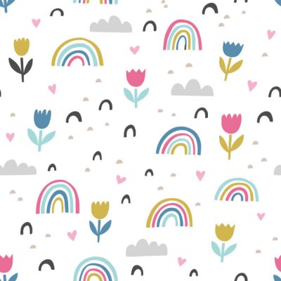 Hand drawn cute abstract pattern. Rainbow, flower, clouds doodle vector seamless background. Design for fabric in bright colors.
