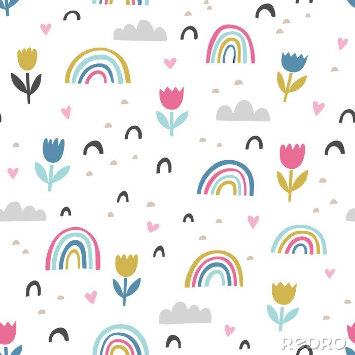 Sticker Hand drawn cute abstract pattern. Rainbow, flower, clouds doodle vector seamless background. Design for fabric in bright colors.