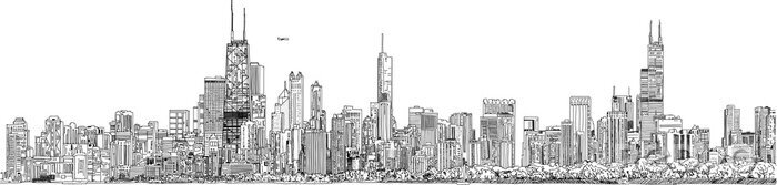 Sticker Hand drawn illustration. Panorama of the Chicago skyline. Detailed ink look and feel. Black and white.
