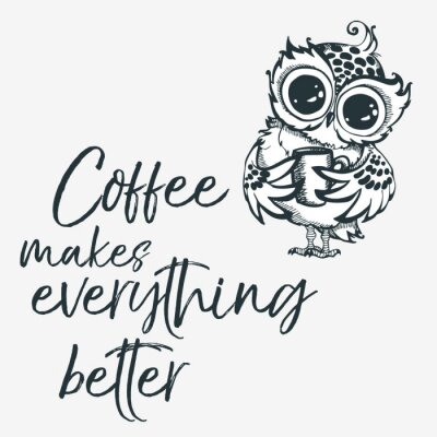 Sticker Hand drawn owl with cup of coffee.