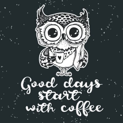 Sticker Hand drawn owl with cup of coffee.