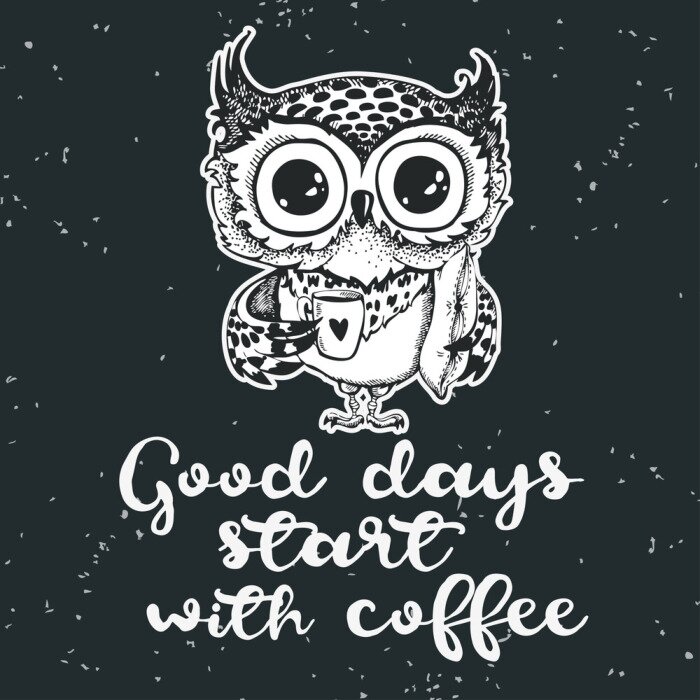 Sticker Hand drawn owl with cup of coffee.