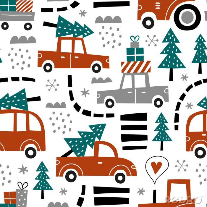 Sticker Hand drawn seamless vector pattern with cute cars and Christmas trees. Perfect for fabric or wrapping paper. 