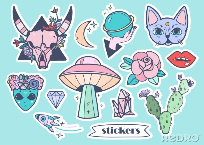 Sticker Hand drawn trendy stickers. Colored vector set. All elements are isolated