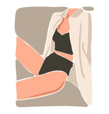 Sticker Hand drawn vector abstract flat graphic contemporary aesthetic fashion illustration with bohemian,beautiful portrait of modern female in simple trendy minimal style isolated on pastel background