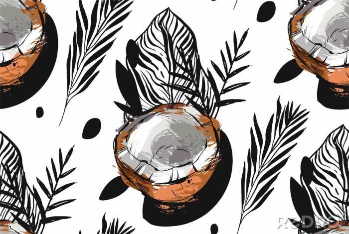 Sticker Hand gezeichnet Vektor abstrakte ungewöhnliche nahtlose Muster mit exotischen tropischen Früchten Kokosnuss Ameise Palmen Blätter isoliert auf weißem Hintergrund.