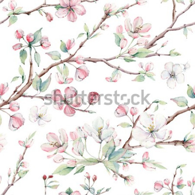 Sticker Hand gezeichnete Apfelbaumaste und nahtloses Muster der Blumen. Es ist ideal für Tapeten, Stoffdesign, Textildesign, Umschlag, Geschenkpapier, Oberflächenstrukturen und digitales Papier.