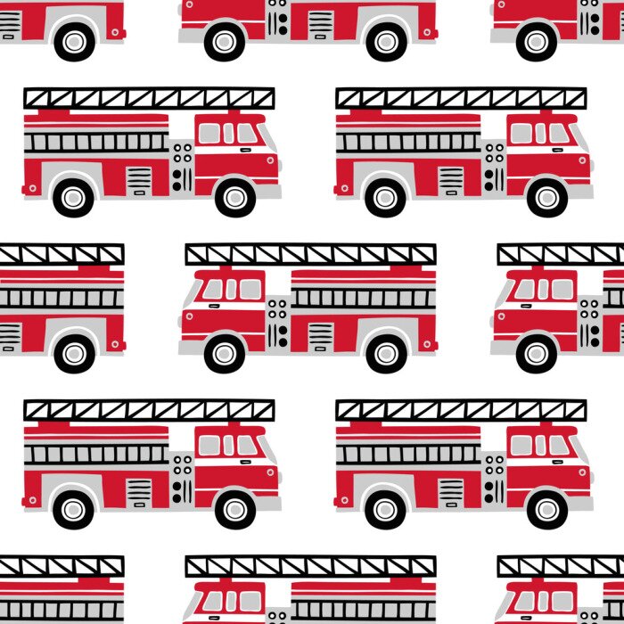 Sticker Hand gezeichnete Feuerwehrautos nahtloses Vektormuster auf weißem Hintergrund