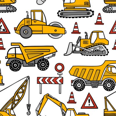 Tapete Hand gezeichnete nahtlose Vektormuster der Bauautos auf weißem Hintergrund