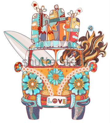 Sticker Hand gezeichnete Retro- Busreise des Gekritzelentwurfs verziert mit Vorderansicht der Verzierungen Vektor-Zen-Kunstillustration Blumenverzierung Skizze für Tätowierungs- oder printBoho-Art.