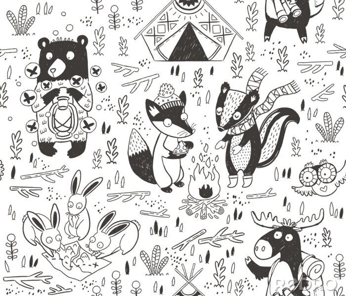 Sticker Hand gezeichneten Campingplatz nahtlose Muster mit Comic-Figuren in Monochrom