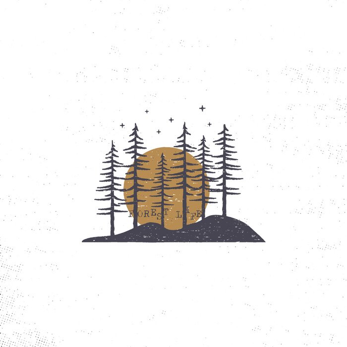 Sticker Hand gezeichneter Wald mit Sonnenkonzept. Strukturierte Illustration der Kiefer mit Sternen. Getrennt auf weißem Hintergrund. Perfekt für Camping, Abenteuer-Logo oder Abzeichen.
