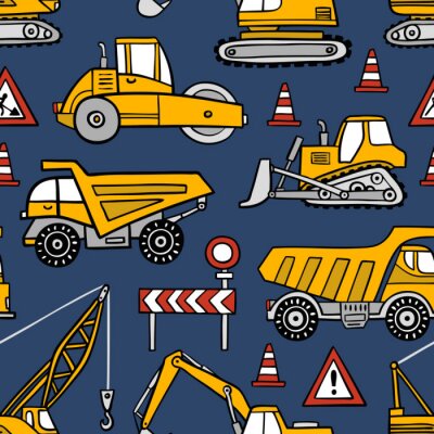Tapete Hand gezeichnetes nahtloses Vektormuster der Bauwagen auf dunkelblauem Hintergrund