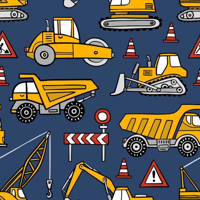 Sticker Hand gezeichnetes nahtloses Vektormuster der Bauwagen auf dunkelblauem Hintergrund