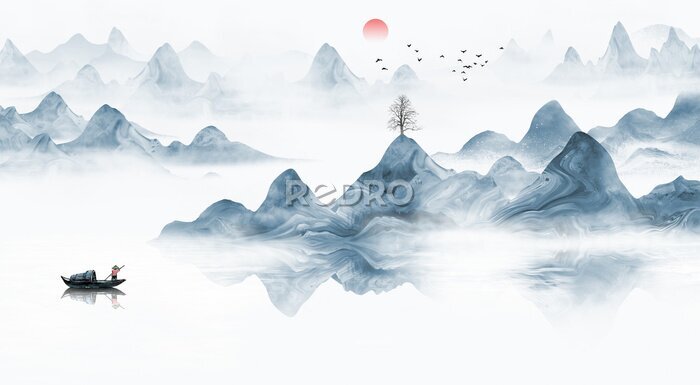 Sticker Hand painted Chinese style blue elegant landscape painting