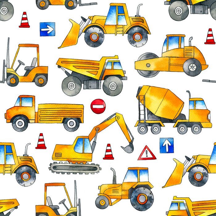 Sticker Hand painted construction cars seamless watercolor pattern on white background. 
