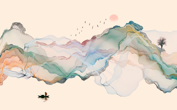 Sticker Hand-painted lines, abstract ink landscape decorations, art poster background