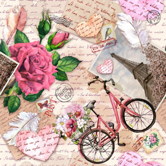 Sticker Hand written letters, hearts, bicycle with flowers in basket, vintage photo of Eiffel Tower, rose flowers, postal stamps, feathers. Seamless pattern about love, France, Paris