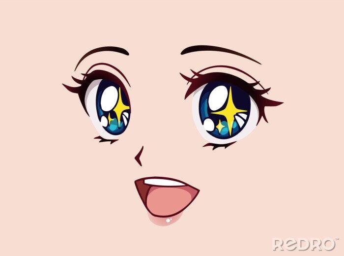 Sticker Happy anime face. Manga style big blue eyes, little nose and big kawaii mouth. Yellow sparkles in her eyes.