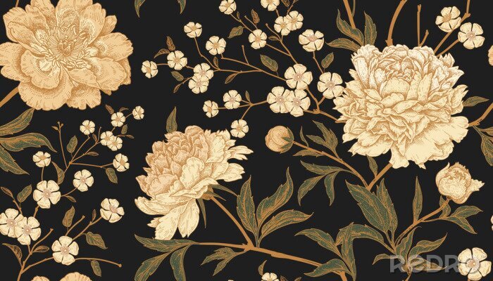 Sticker Helle Blumen auf schwarzem Hintergrund im Retro-Stil