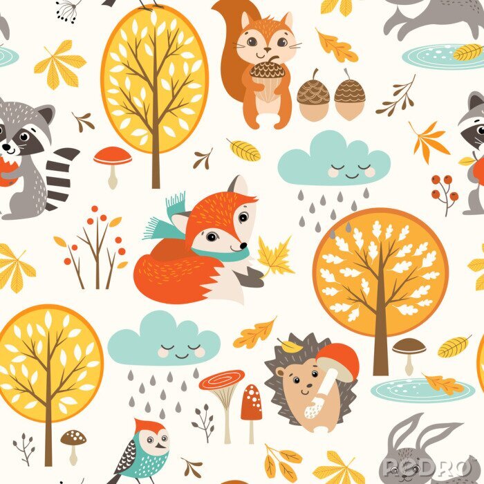 Sticker Herbst nahtlose Muster mit niedlichen Waldtiere, Bäume, regnerische Wolken, Pilze und Blätter.