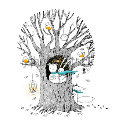 Sticker Herbstbaum, Bär, Hase, Igel, Fuchs und Vögel. Hand gezeichnete Vektorillustration auf einem weißen Hintergrund.