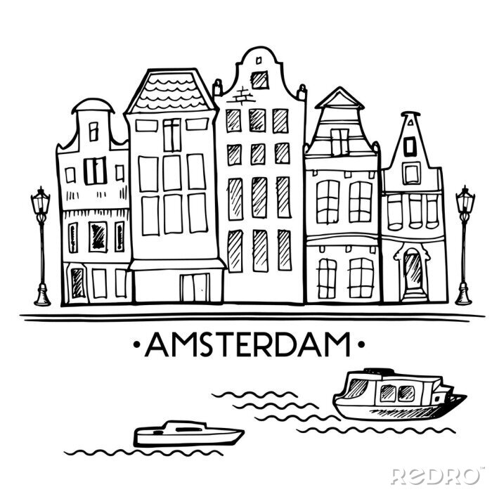 Sticker Hintergrund mit Hand gezeichnet doodle Amsterdam Häuser. Isoliert schwarz und weiß. Abbildung Vektor.