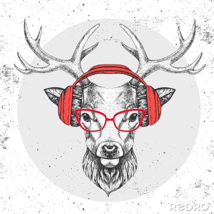 Sticker Hipster animal deer with headphones. Hand drawing Muzzle of animal deer